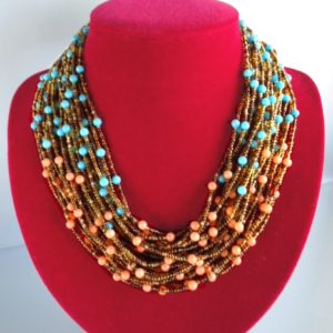 Orange - Blue Stone Bead Necklace - HMJS