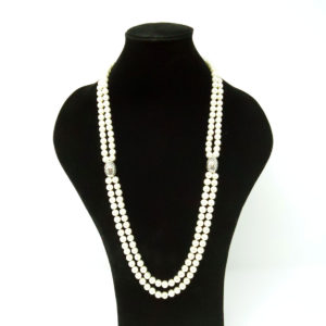 Long Pearl Necklace with Silver Accents