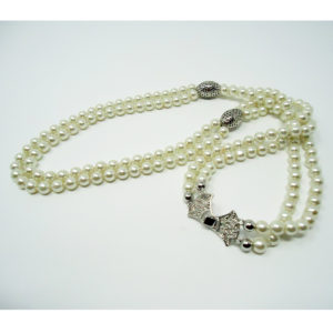 Long Pearl Necklace with Silver Accents