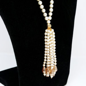 Gold Crystal and Cream Pearl Tassel Necklace by HMJServices