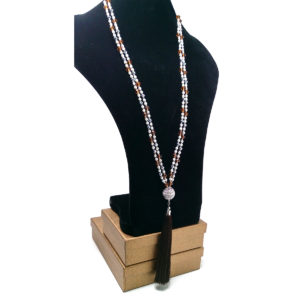 Silver Glam Pearl Necklace with Brown Silk Tassels by HMJServices