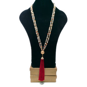 Gold Glam Pearl Necklace with Red Silk Tassels by HMJServices